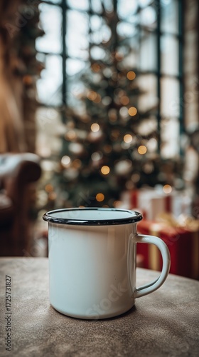 Warm Cup on a Table With Christmas Tree and Gifts in Background During Holida...