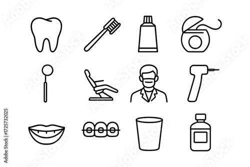 Dental care icons: essential tools for oral hygiene and treatment