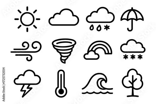 Weather icons set: simple linear symbols of sun, cloud, and more