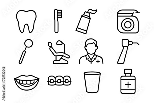 Dental care icons: linear design pack featuring tools and symbols
