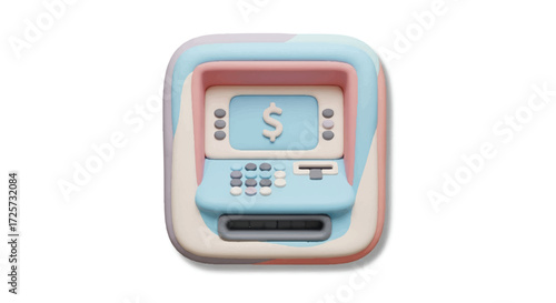 A pastel-colored micro ATM machine with a screen and keypad on a white background, shot from above with a soft focus.