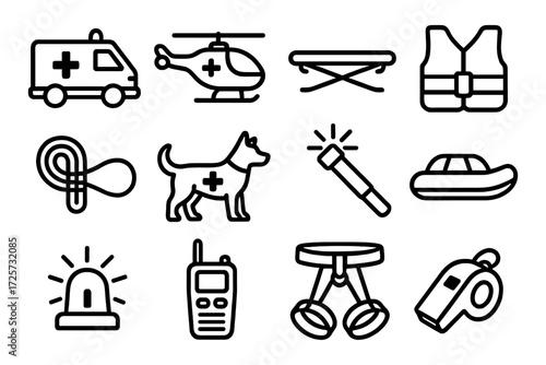 Emergency and rescue icon set featuring ambulance, helicopter, safety equipment, and more