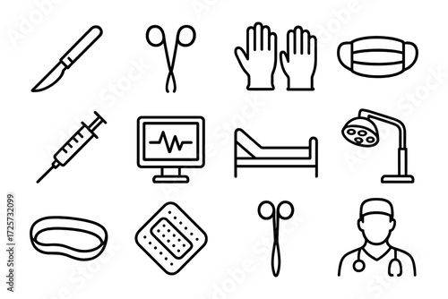 Medical instrumentation outline: surgical tools, devices, and healthcare symbols