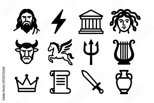 Ancient greek symbols: mythology icons featuring gods, creatures, and artifacts