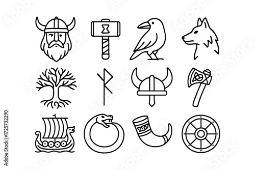 Linear norse icon set: viking helmet, thor's hammer, and nordic symbols