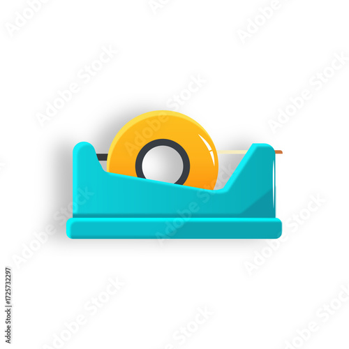 A blue tape dispenser illustration with transparent tape, shown in flat style, representing school supplies, office stationery, creativity, and organization in a clean and modern design.
