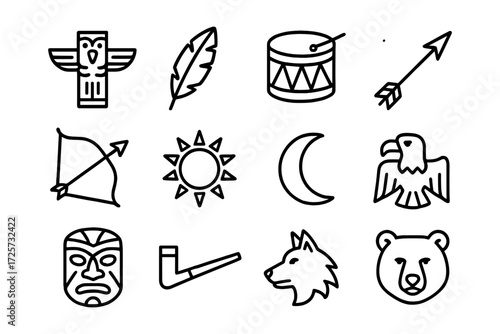 Native american icon set with tribal symbols and wildlife in simple black outline style