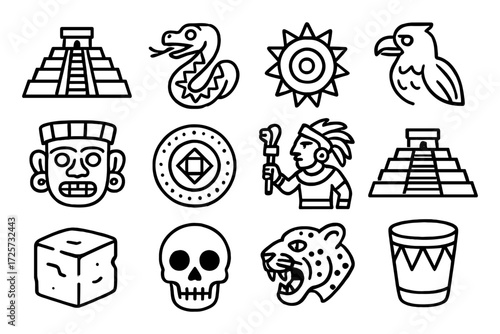 Ancient mesoamerican icons set in bold linear style
