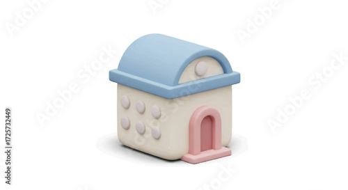 Small, 3D-rendered micro house model with a blue roof and pink door on a white background.