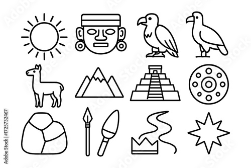Ancient aztec line art icons: sun, temple, animals, weapons, and nature elements