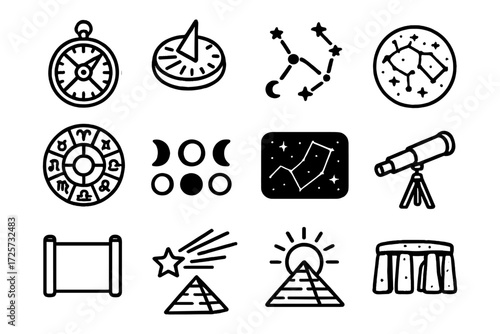 Celestial and astronomical icons: compass, telescope, constellations, sundial, pyramid, stonehenge