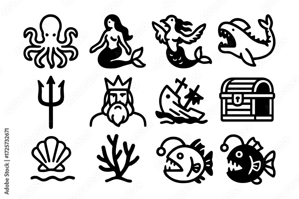 Fototapeta premium Sea creatures and nautical icons in bold black and white design