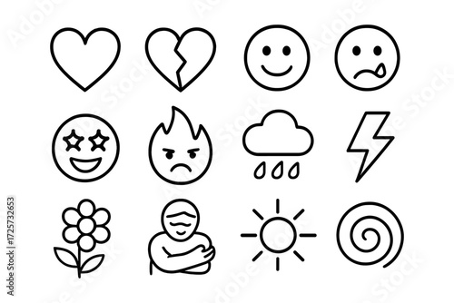 Simple line art emojis and symbols for everyday emotions and weather