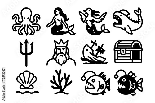 Sea creatures and nautical icons in bold black and white design