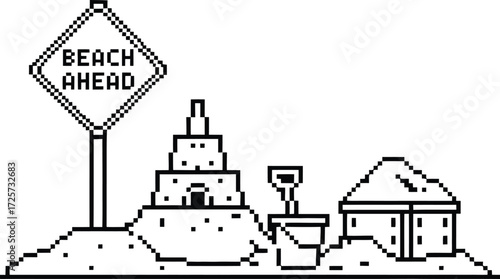 Line art illustration of sandcastles and beach ahead sign