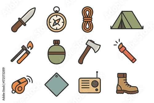Camping essentials: outline icons of outdoor adventure gear for hiking and survival