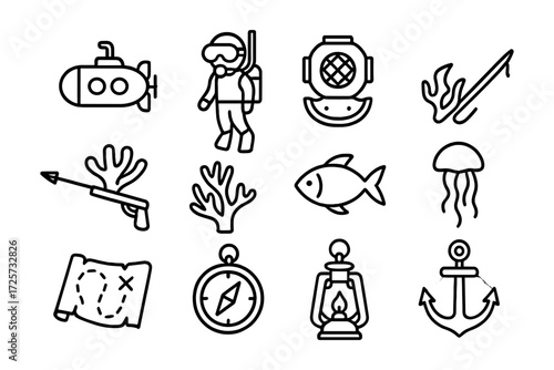Line art marine adventure icons: submarine, diver, compass, and more exploration symbols