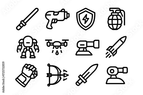 Futuristic weapons and gadgets: line art set featuring laser, drone, and shield