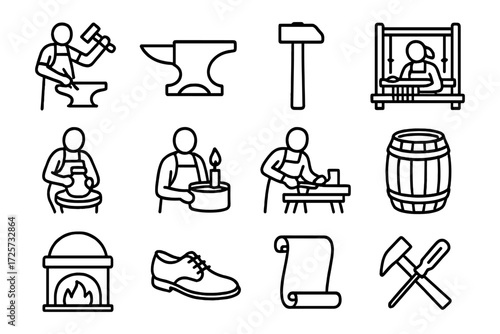 Traditional craftsmanship icons set featuring blacksmithing and pottery