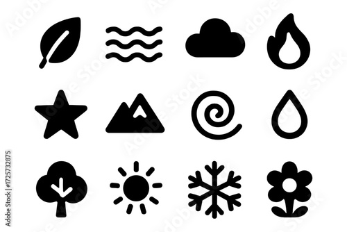 Nature icons set featuring elements in simple black silhouettes