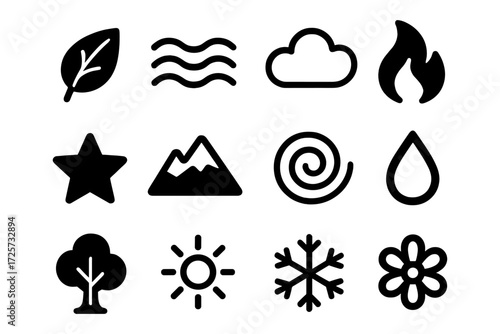 Set of simple nature and weather icons in bold black style