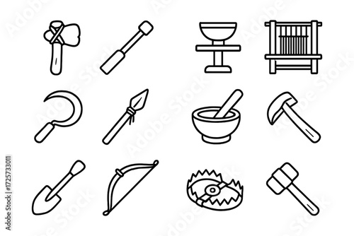 Minimalist outline icons of primitive tools and weapons for design projects