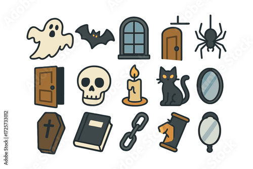 Spooky halloween icons set: ghost, bat, spider, skull, cat, and more