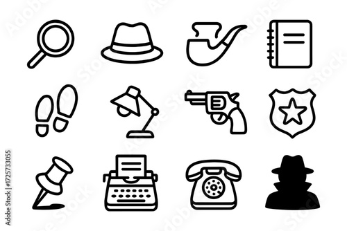 Detective theme icons: classic mystery elements in bold linear style