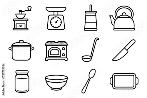 Kitchen utensils and appliances icons set in linear style
