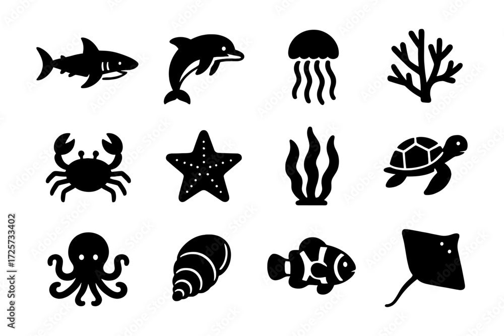 Fototapeta premium Silhouette marine icons collection: sea animals and ocean creatures for nautical designs