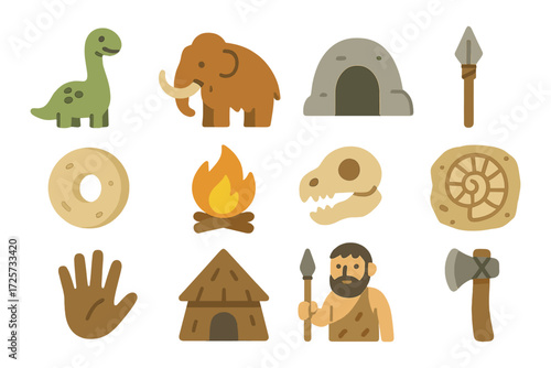 Cute prehistoric icons: dinosaurs, cavemen, and primitive tools in flat style
