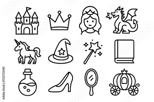 Charming fairy tale icon set featuring princess, dragon, and unicorn in linear style