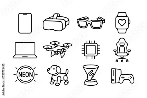 Modern technology line icons set featuring gadgets and wearables
