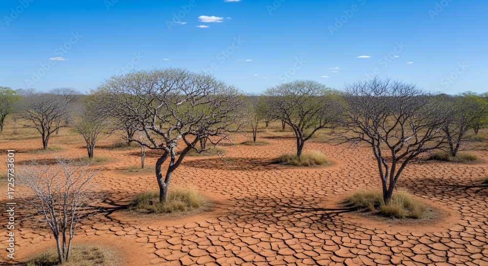 Fototapeta premium Arid landscape featuring cracked earth and scattered trees under a clear blue sky in a dry environment