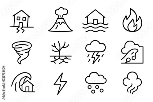 Natural disaster icons set: line art depicting earthquake, flood, fire, hurricane, volcano, and more