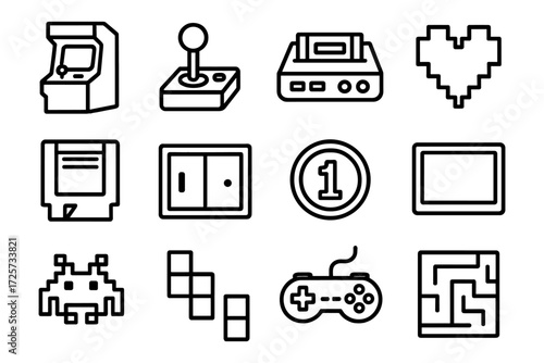 Retro gaming icons set: classic consoles and joysticks in linear style for vintage arcade enthusiasts