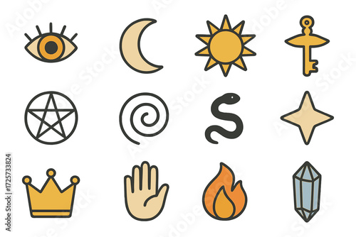 Mystical icons set: sun, moon, snake, and more in flat design style