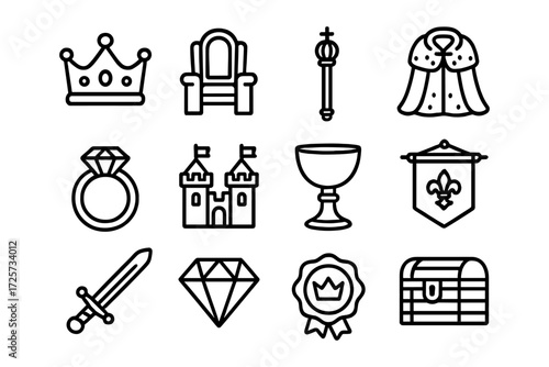 Royal symbols collection: crown, throne, scepter, and heraldry in bold outline style
