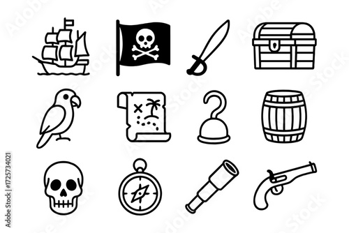 Pirate icons set: ship, treasure, skull, parrot, and compass in bold outline style