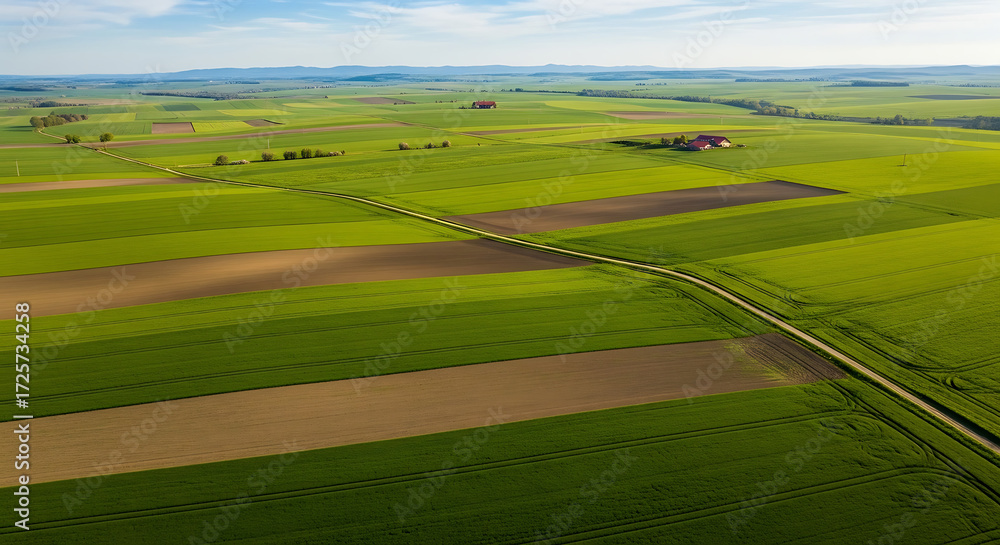 Obraz premium Aerial view of green farm fields agriculture landscape cultivation rural farmland harvest season
