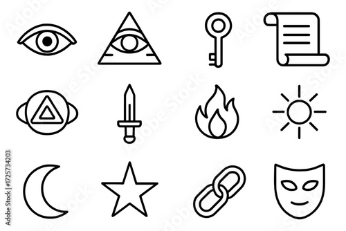 Mystical icon set: eye, pyramid, key, and more in modern linear style
