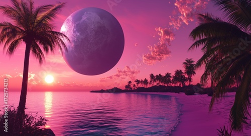 Vibrant Sunset Over the Ocean With a Giant Moon and Palm Trees
