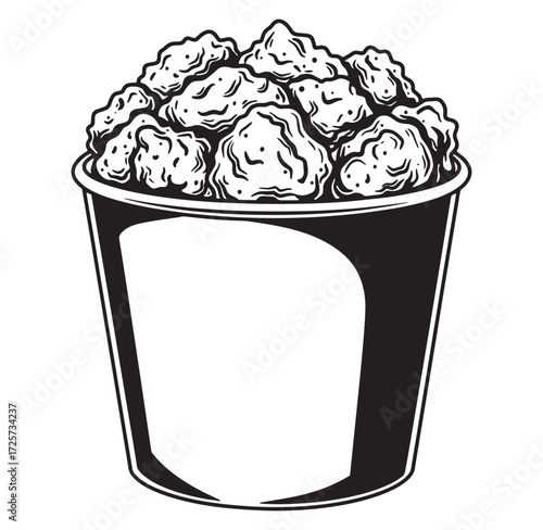 A black and white illustration of a bucket filled with delicious fried chicken pieces.