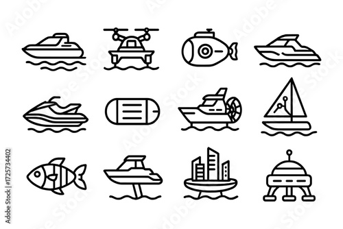 Set of nautical icons with boats, submarine, and sea elements in linear style