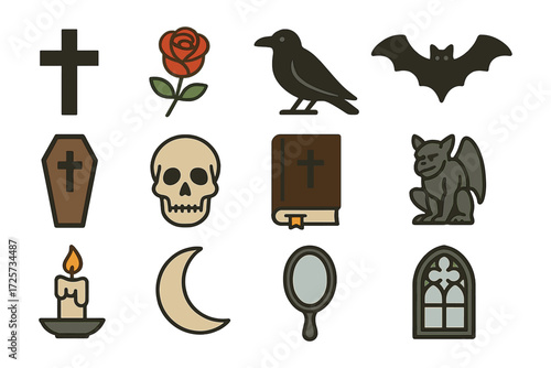 Spooky gothic icons collection featuring halloween symbols