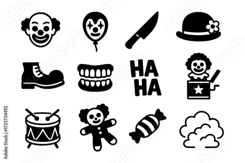 Classic black and white clown icons collection featuring shoes, balloons, and more