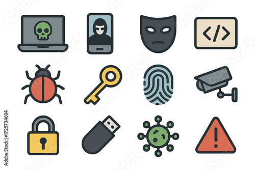 Cybersecurity icons set featuring hacking, protection, and encryption symbols