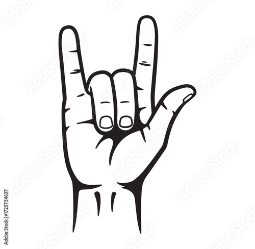 Black and white illustrated hand gesturing the rock on sign for heavy metal enthusiasts