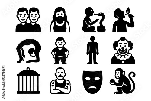 Diverse icon set featuring people, animals, and creative activities in bold silhouette style