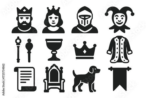 Medieval icon set featuring royalty, knight, jester, and regal symbols in silhouette style